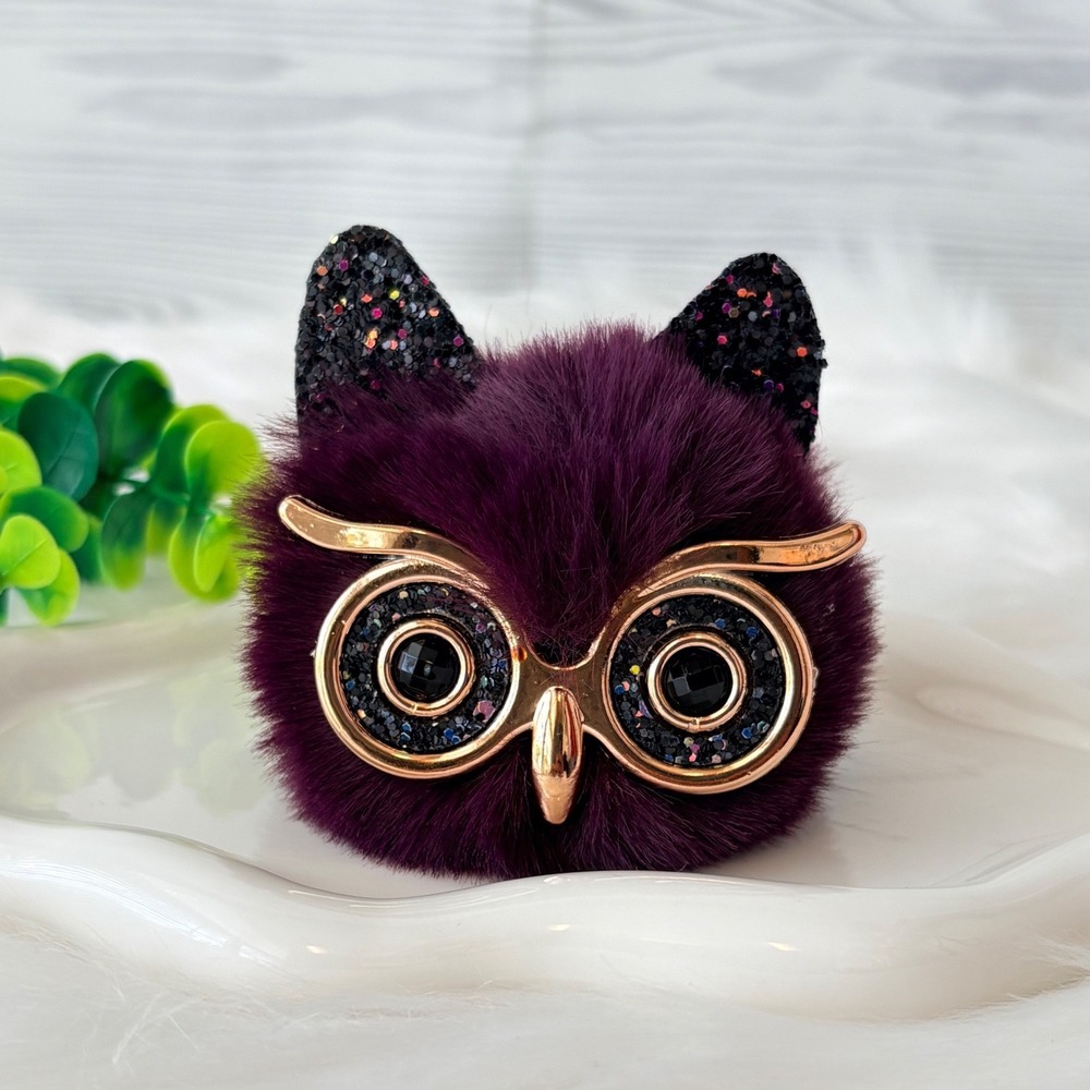 Fluffy Owl Pom Pom Keychain/Bag Charm Rose Gold Glitter Accents